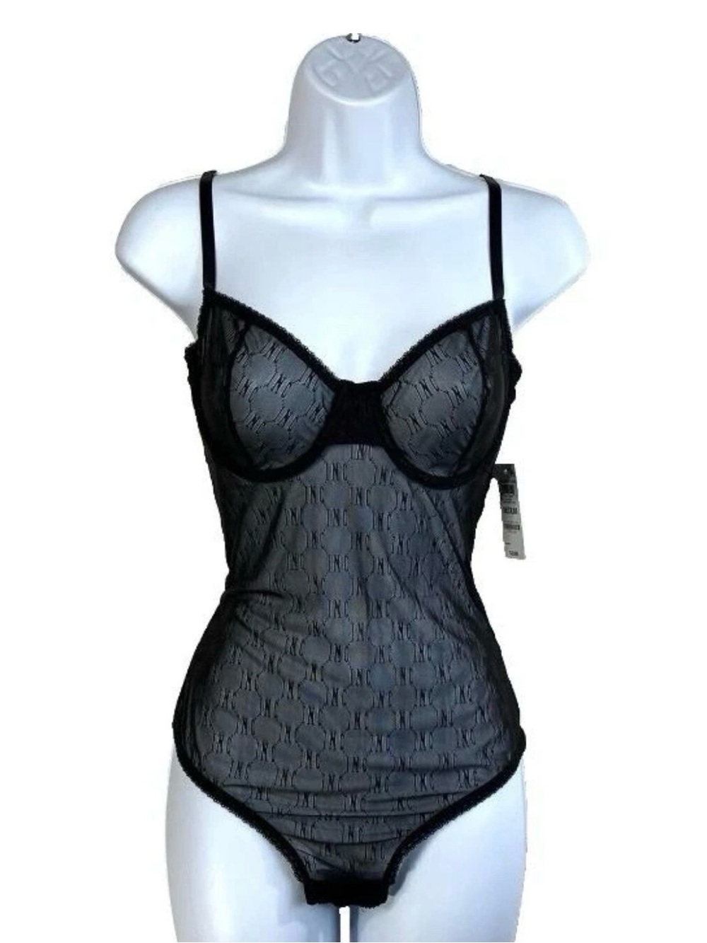 I.N.C. International Concepts Sheer Thong Bodysuit Women’s US Size L Black Sexy